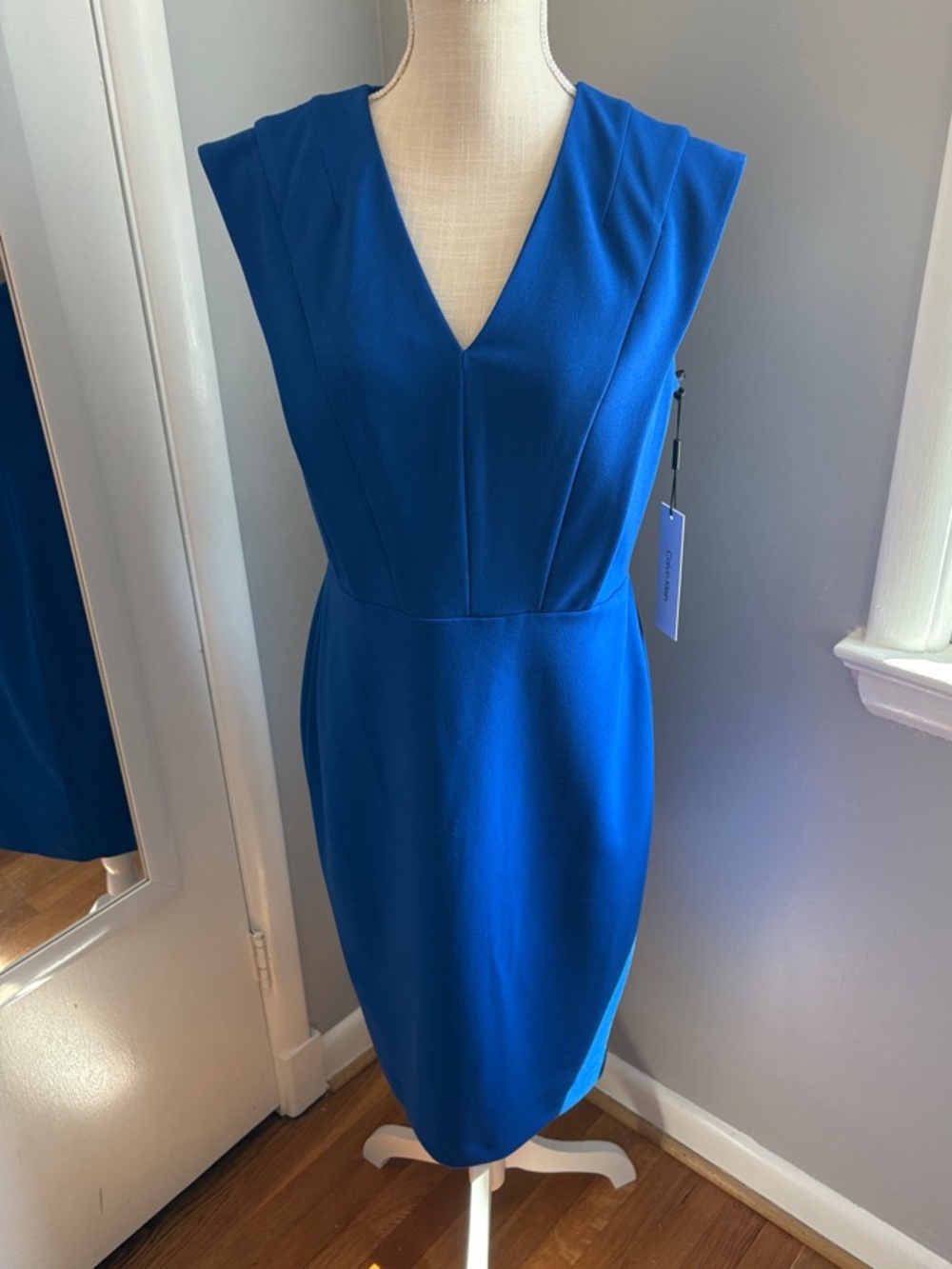 NWT Calvin Klein Royal Blue V-Neck Midi Cocktail Dress, Large, 10